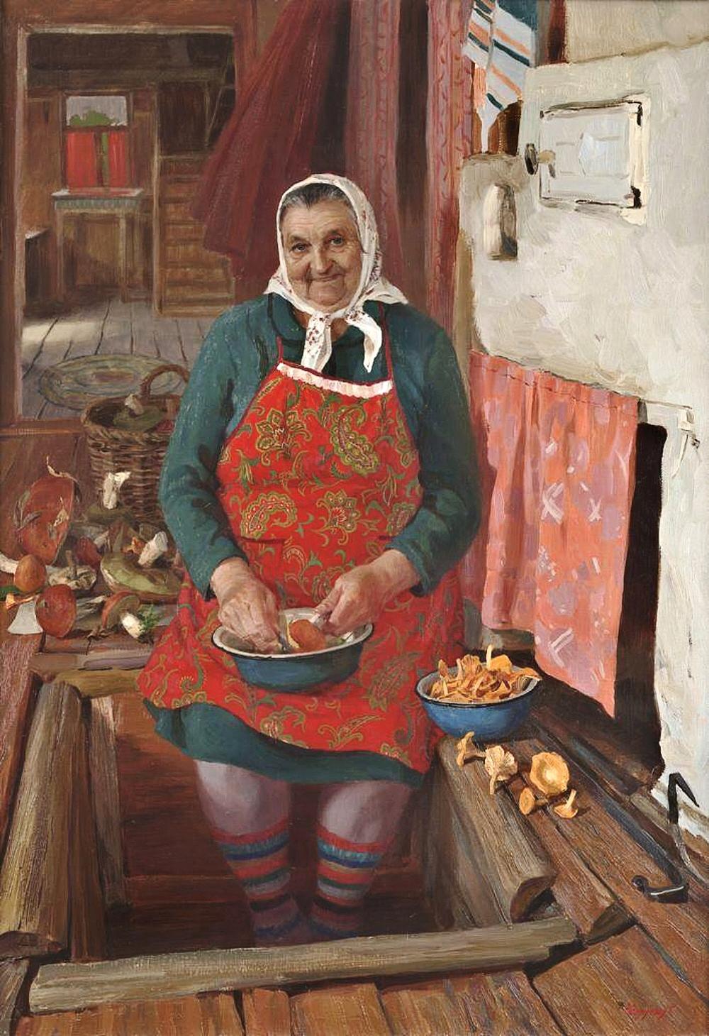Деревенская женщина дома. Картины Татьяны Юшмановой бабушки.